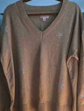 V-neck Sweater, Heathered Tan w/Subtle Silver Rhinestone Stars On Front & Sleeve